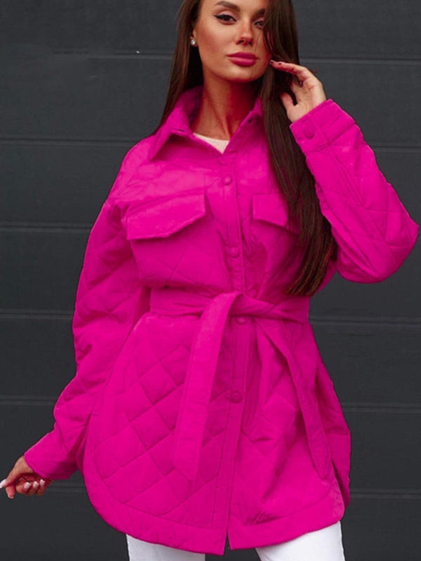 Women's Long Buttoned Lapel Loose Warm Rhombus Cotton Jacket
