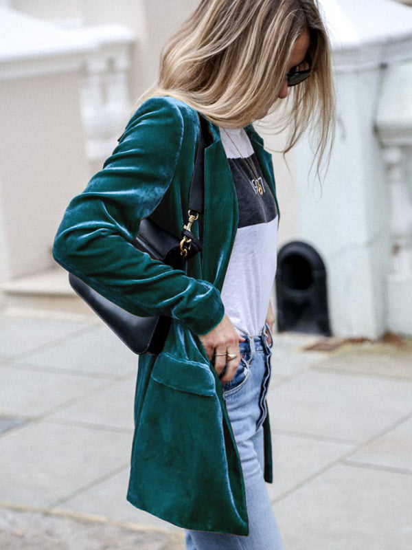 Solid Color Casual Suit Cardigan Mid-Length Jacket