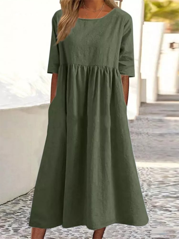 Round Neck Quarter Sleeves Casual Loose Long Solid Color Dress