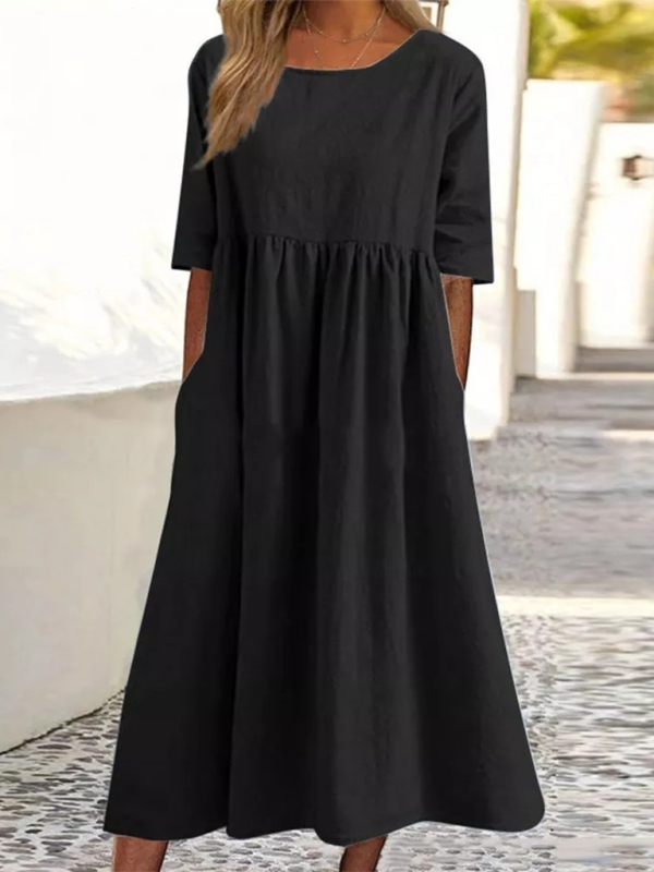 Round Neck Quarter Sleeves Casual Loose Long Solid Color Dress