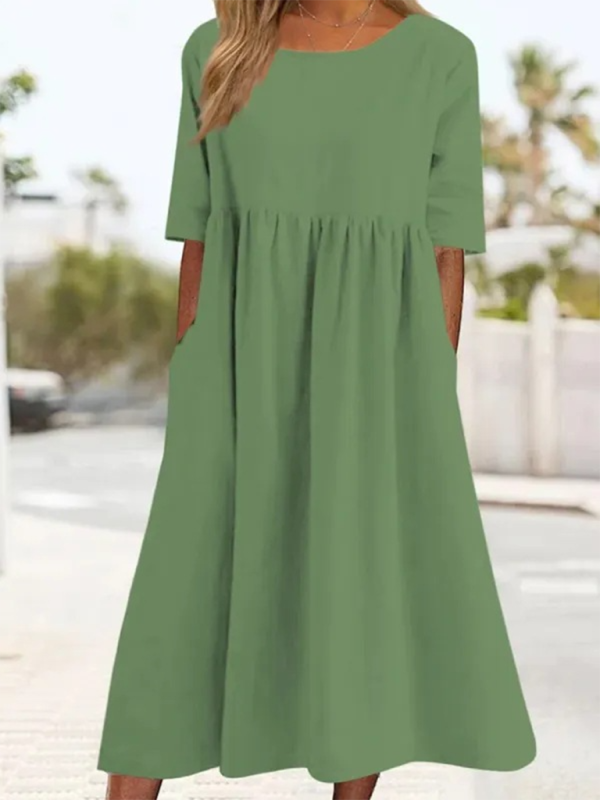 Round Neck Quarter Sleeves Casual Loose Long Solid Color Dress