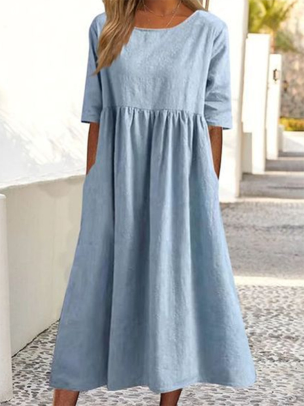 Round Neck Quarter Sleeves Casual Loose Long Solid Color Dress