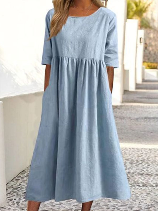 Round Neck Quarter Sleeves Casual Loose Long Solid Color Dress