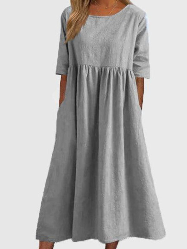 Round Neck Quarter Sleeves Casual Loose Long Solid Color Dress