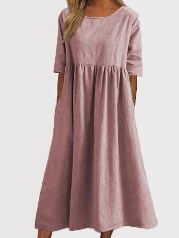 Round Neck Quarter Sleeves Casual Loose Long Solid Color Dress