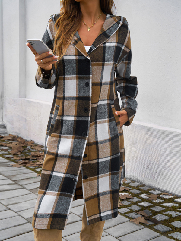 Women's Casual Loose Plaid Buttoned Hooded Jacket