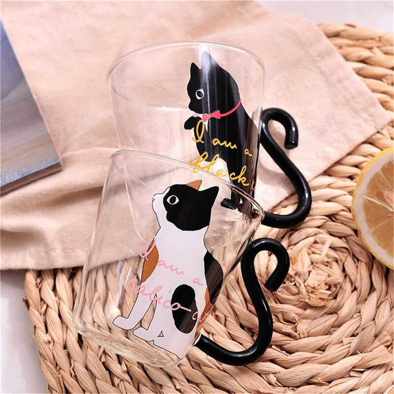 Kitchen Home Cute Cat Glass Juice Coffee Cup Milk Tea Cat Tail Handle Cat Valentine's Day Lover Gifts