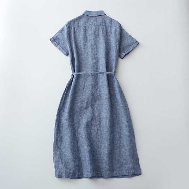 Linen Front Half-open Buckle Waist Lace-up Short Sleeve Dress