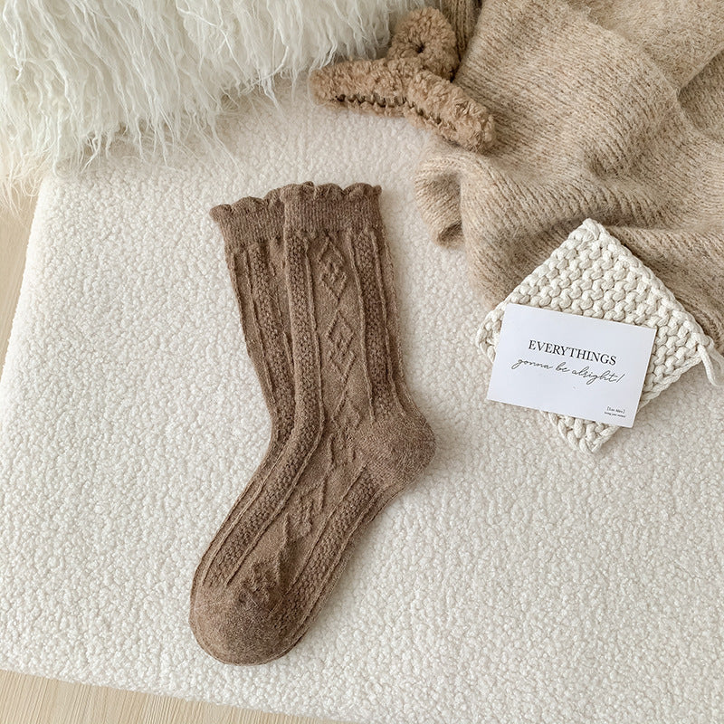 Autumn And Winter Thickening Diamond-shaped Milk Curry Color System Wool Mid-thigh Socks