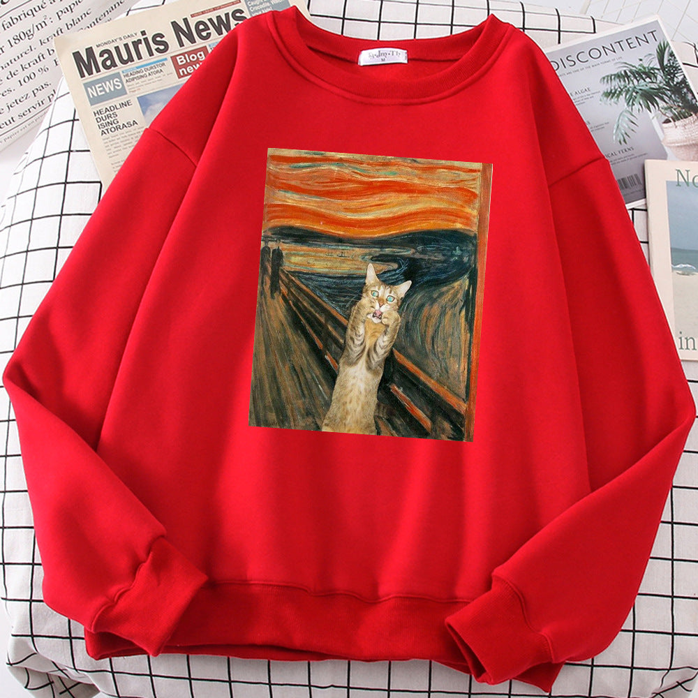 Oil Painting Cat's Dusk Print Pullover Women's Loose Fleece Round-neck Pullover