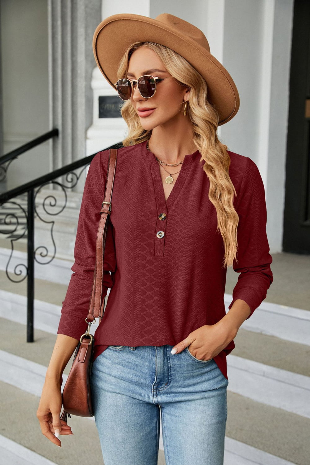 Notched Neck Long Sleeve Buttoned Blouse