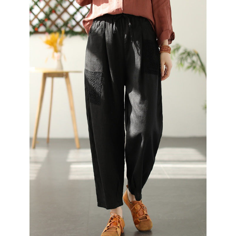 Women's Fashion Literary Cotton Linen Solid Color Lace Patch Harem Pants