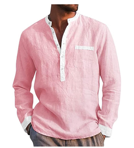 Men's Long Sleeved Henry Shirts Cotton Linen Shirts Regular Men's Shirts