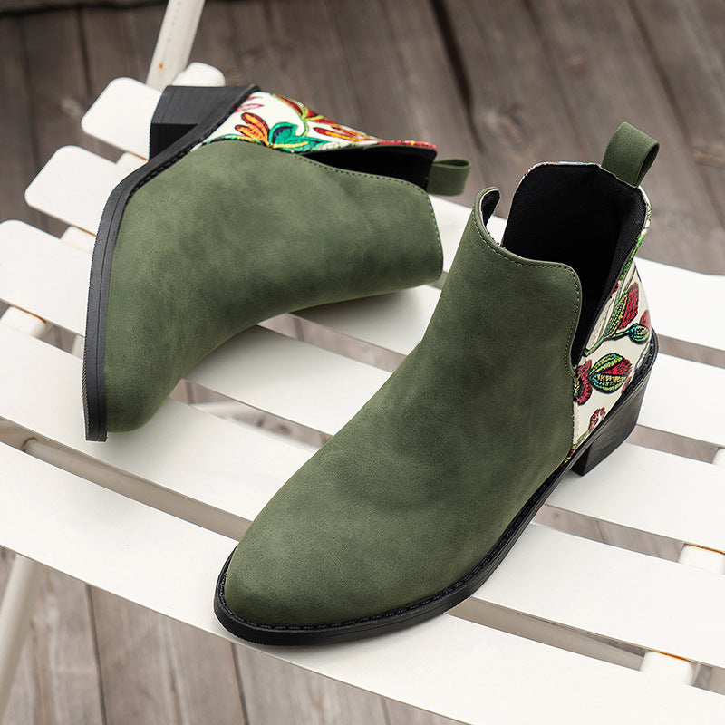 Flowers Printed Ankle Boots Fashion Side Zipper V-cut Square Heel Shoes For Autumn Winter