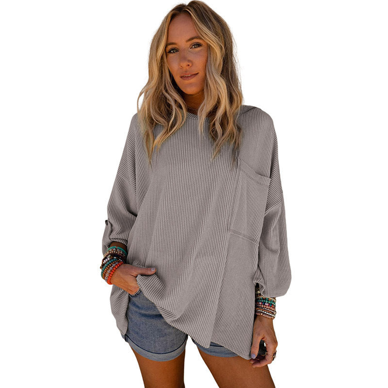 Solid Color Sweater Loose Casual Pocket Curling Threaded Long Sleeve Top