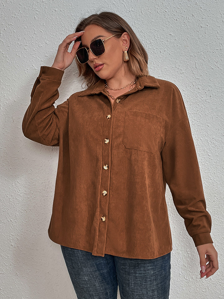 Brown Plus Size Collared Neck Long Sleeve Shirt