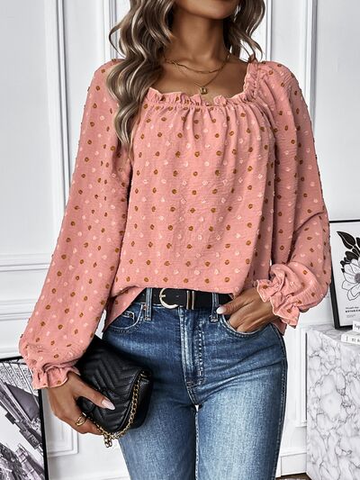 Swiss Dot Square Neck Flounce Sleeve Blouse