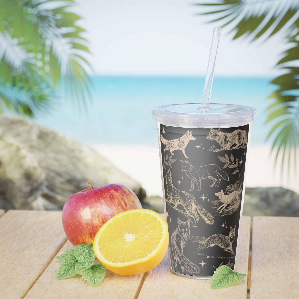 Black Fox Plastic Tumbler with Straw, Trendy Fox Lover Favorite Animal Iced Coffee Tumbler