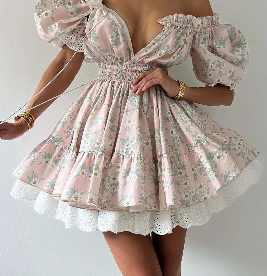 Puff Sleeve Tie Up Elastic Puff Sleeve Mini Dress