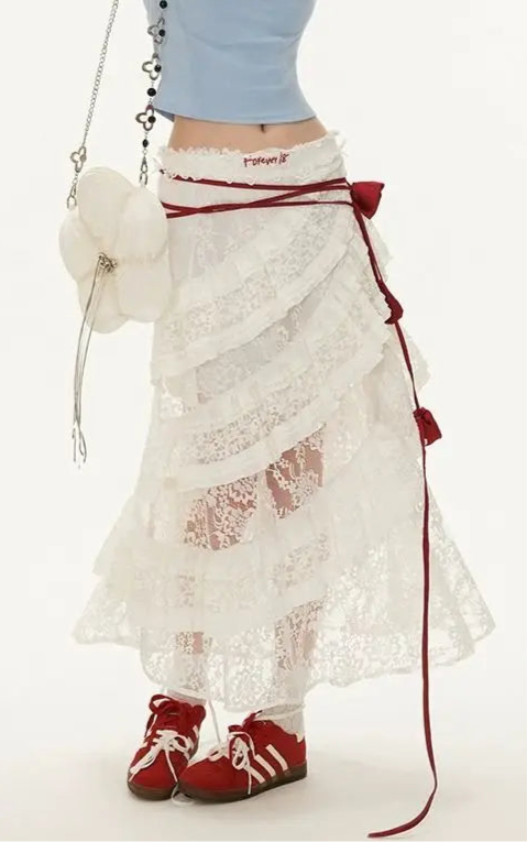White Lace Layer Tulle Midi Skirt