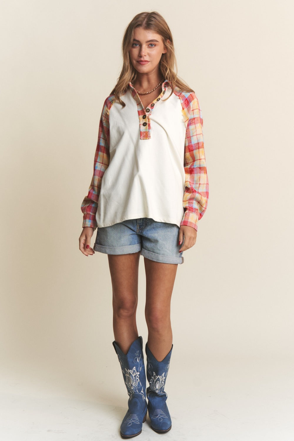 J.NNA Plaid Contrast Button Down Henley Top