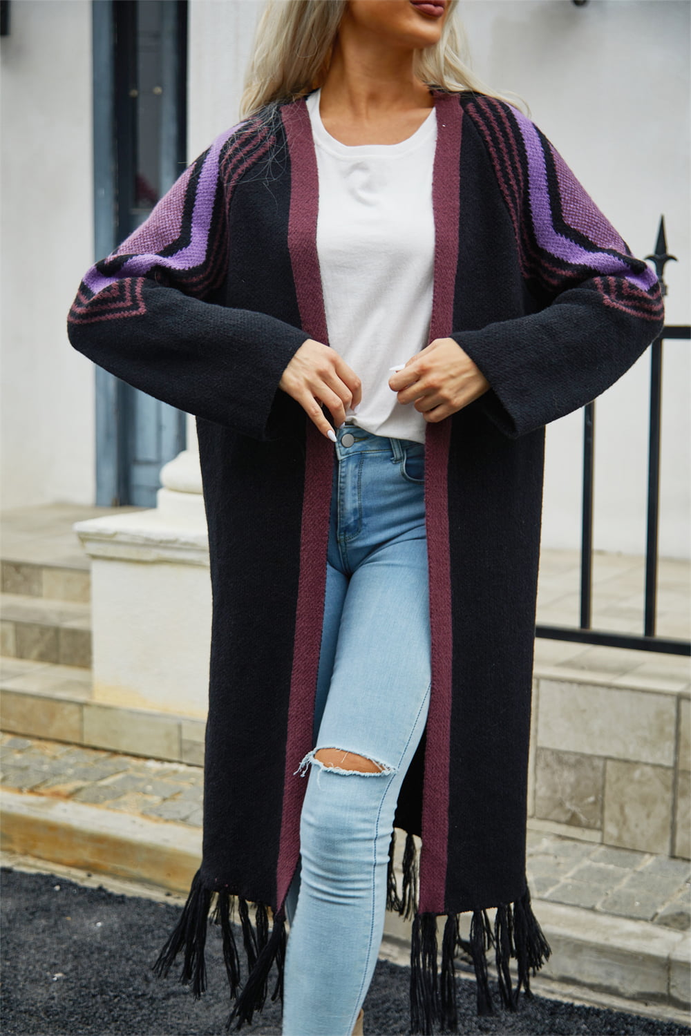 Geometric Fringe Hem Open Front Duster Cardigan