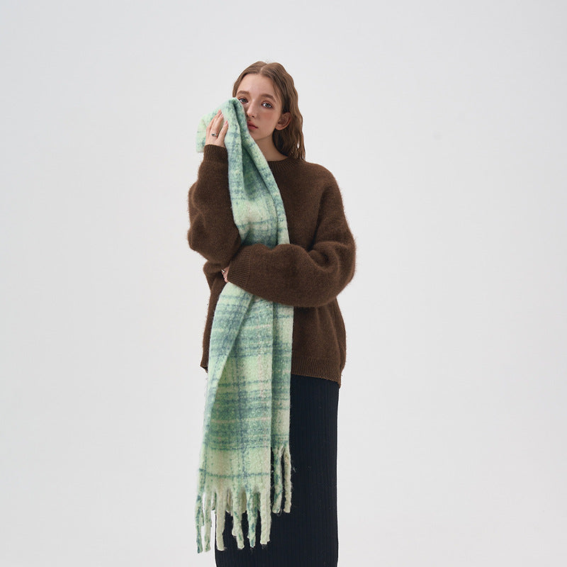 Women's White And Green Plaid Scarf