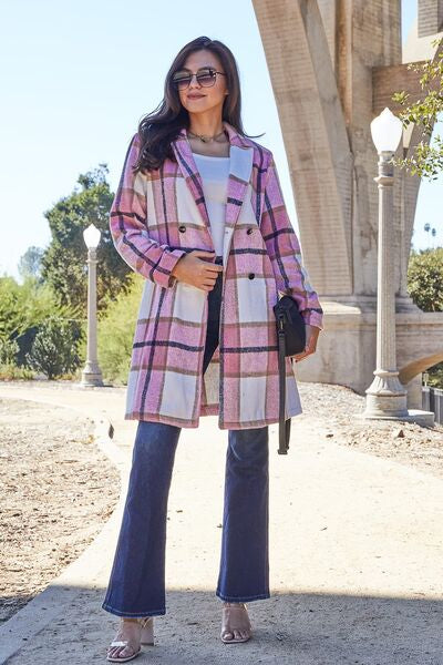 Double Take Full Size Plaid Button Up Lapel Collar Coat