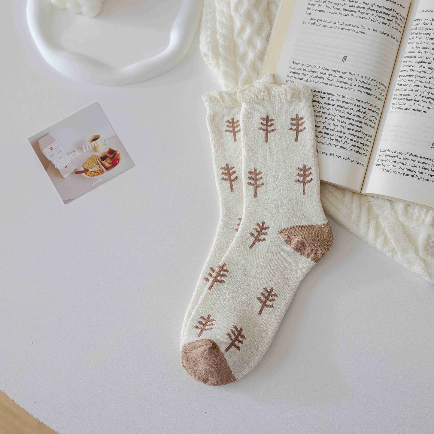 Socks Female Coffee Color System Wool Ring Plaid Towel Casual Thickened Warm Mid-tube Socks