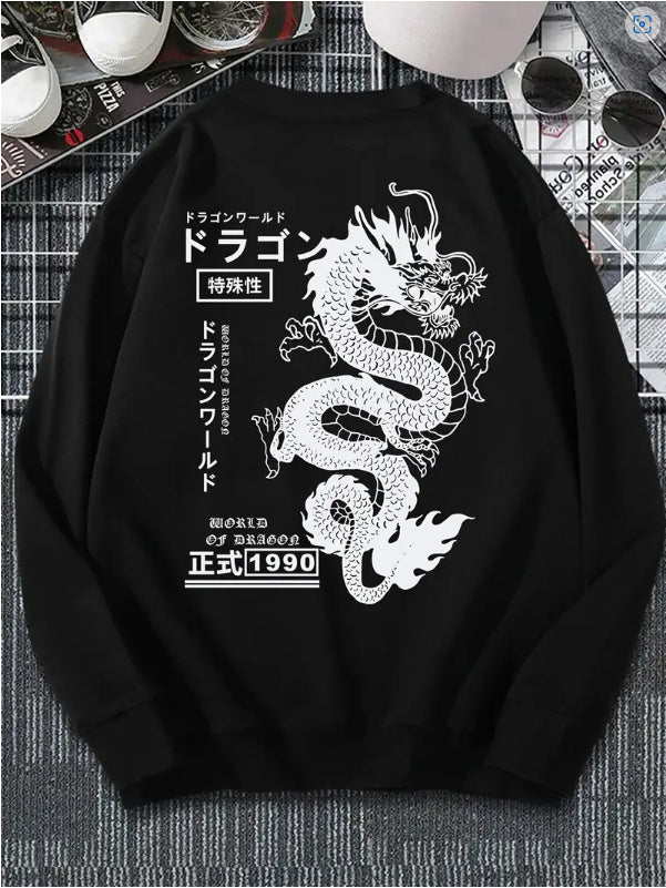 Men's Autumn And Winter Loose Tokyo Dragon Print Crewneck