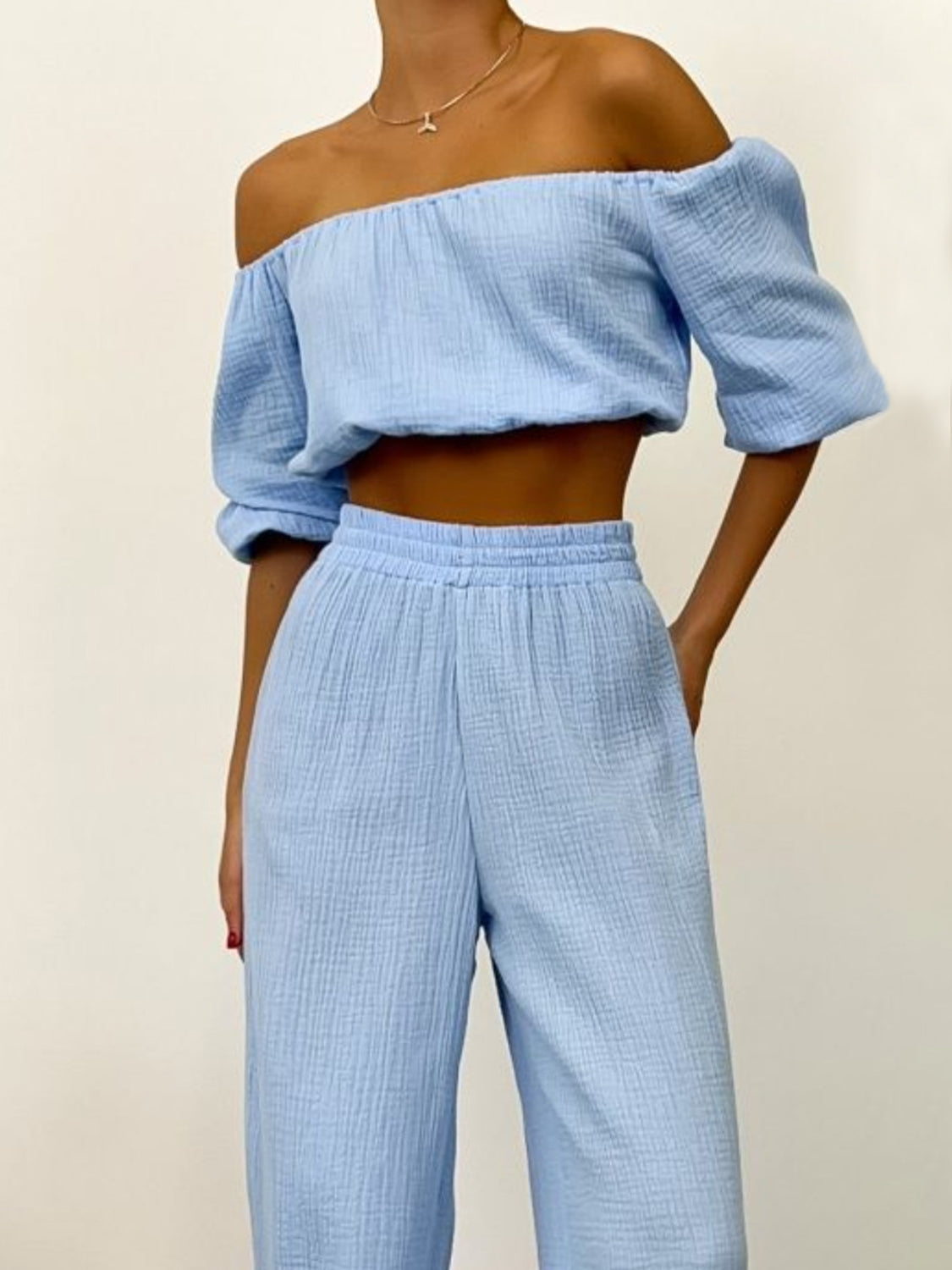 Off Shoulder Long Sleeve Top and Pants Set