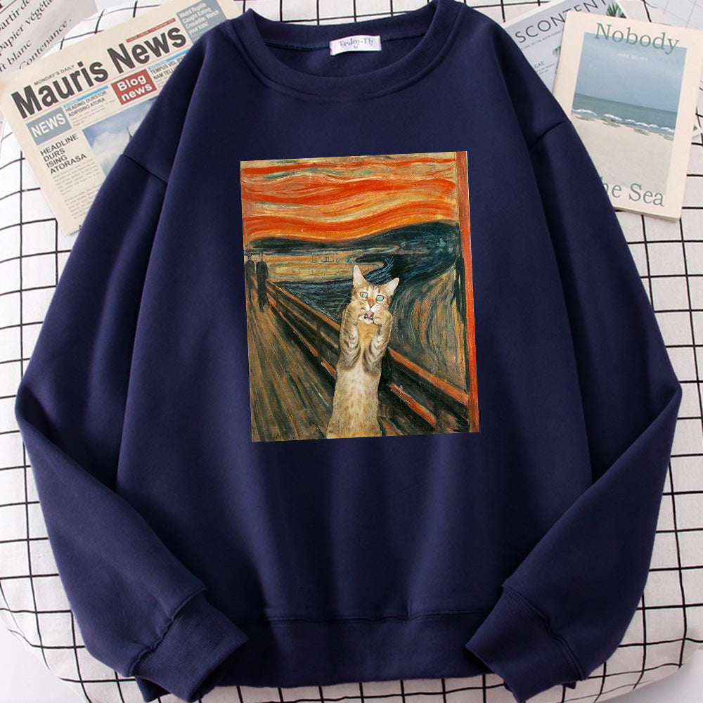 Oil Painting Cat's Dusk Print Pullover Women's Loose Fleece Round-neck Pullover