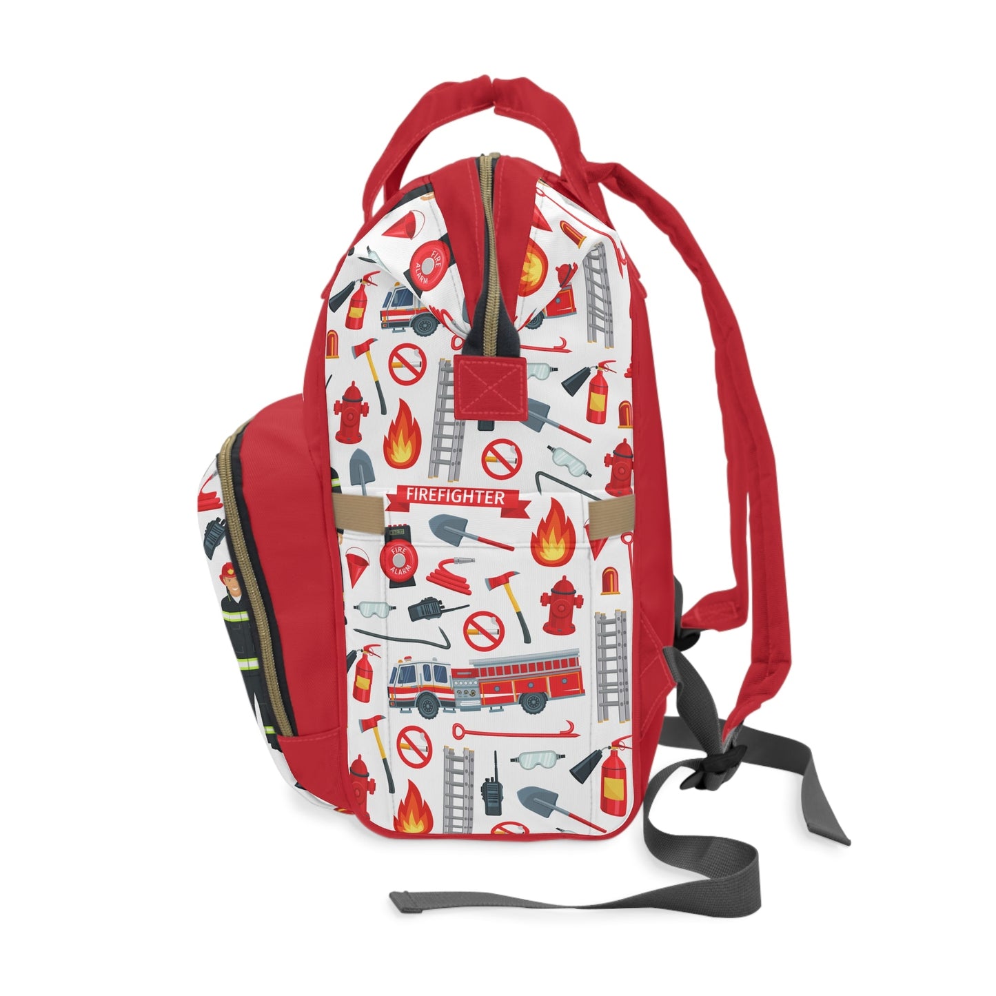 Personalized Red Firefighter Print Pattern Multifunctional Diaper Backpack, Newborn Gift, Baby Shower Gift, Firetruck Backpack