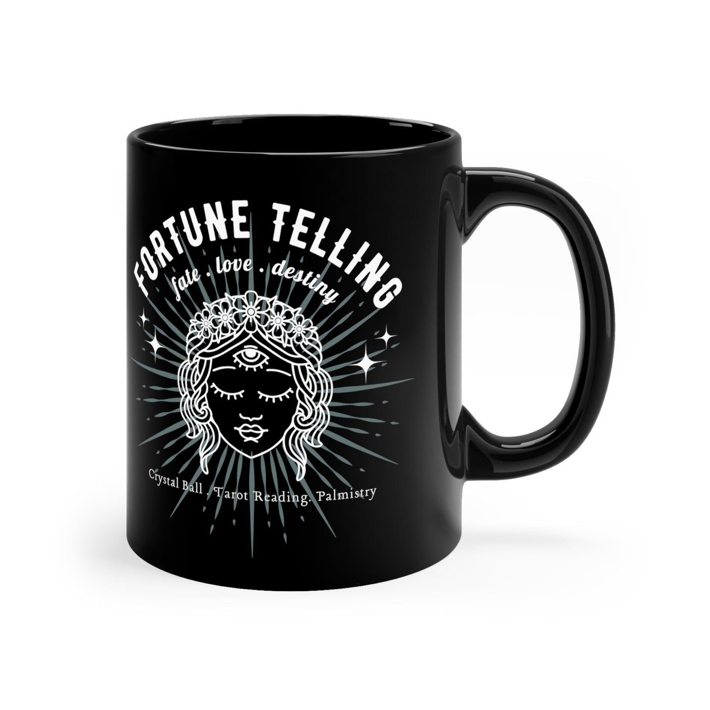 Fortune Telling 11oz Black Mug, Mystical Coffee Mug, Psychic Graphic Design, Crystals, Tarot, Palmistry