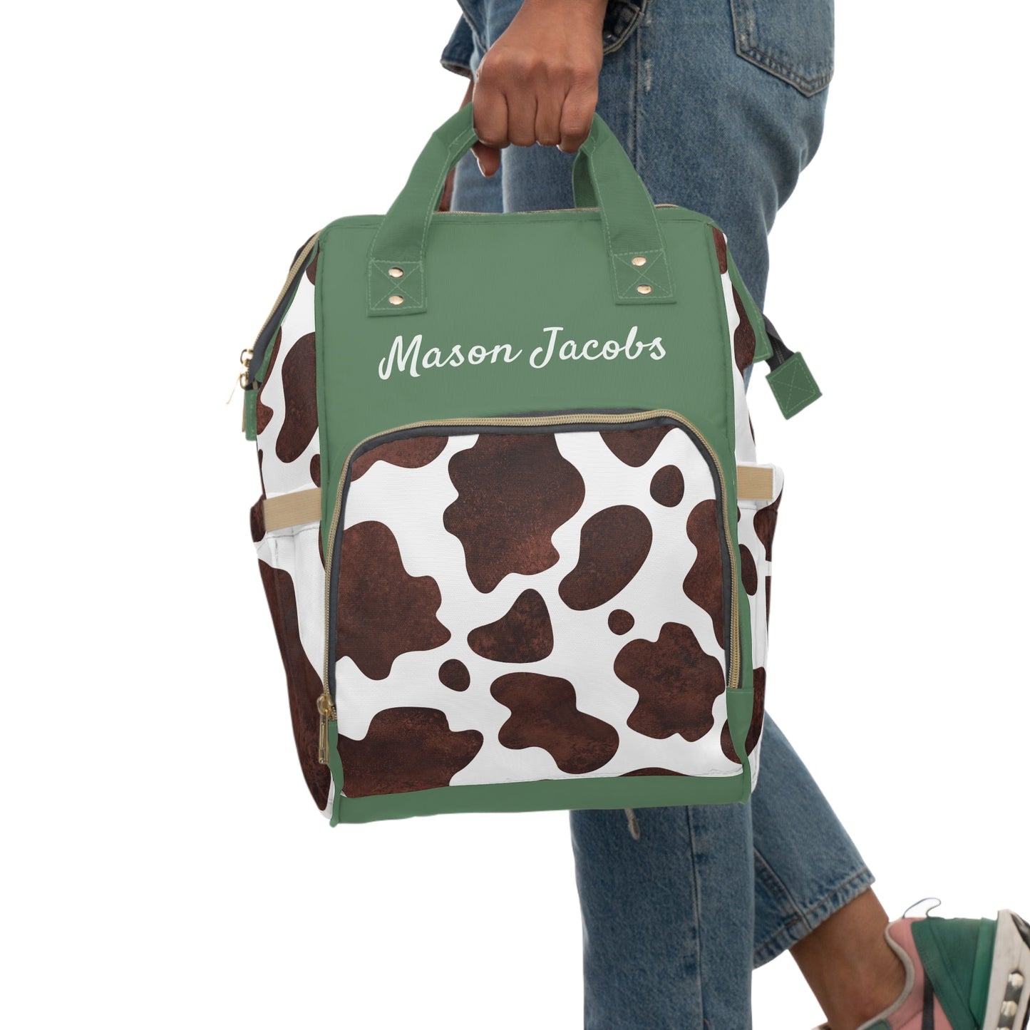 Personalized Green Boys Cow Print Multifunctional Diaper Backpack, Newborn Gift, Baby Shower Gift, Baby Diaper Bag Nappy Stroller Bag