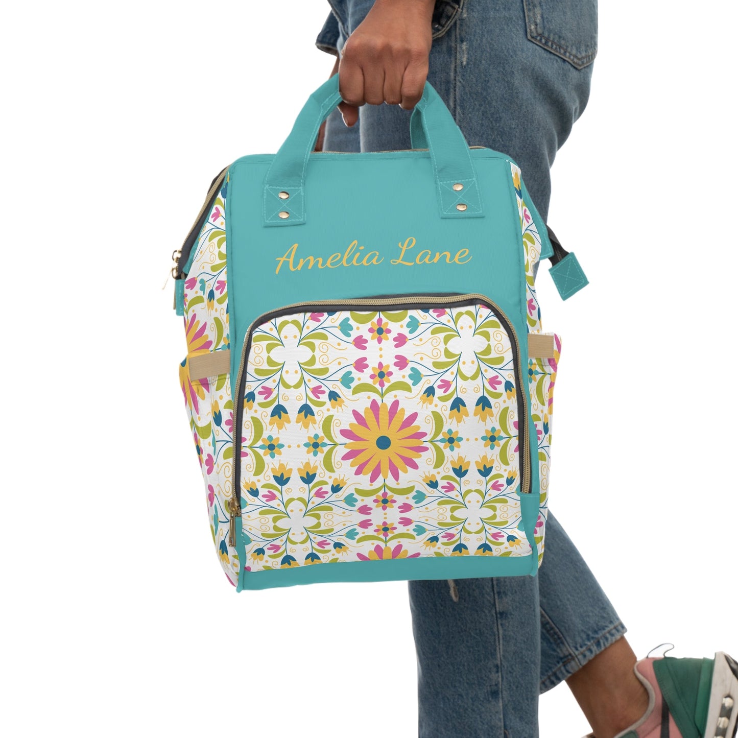 Personalized Mexican Tile Pattern Multifunctional Diaper Backpack, Newborn Gift, Baby Shower Gift, Blue Flower Backpack