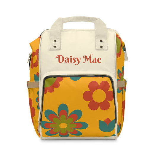 Personalized 70s Inspired Flower Power Print Pattern Multifunctional Diaper Backpack, Newborn Gift, Baby Shower Gift, Retro Backpack