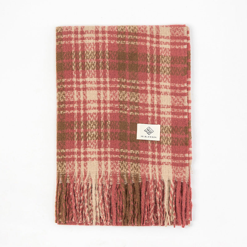 Plaid Knitted Scarf Winter Maillard Color Tassel Scarf