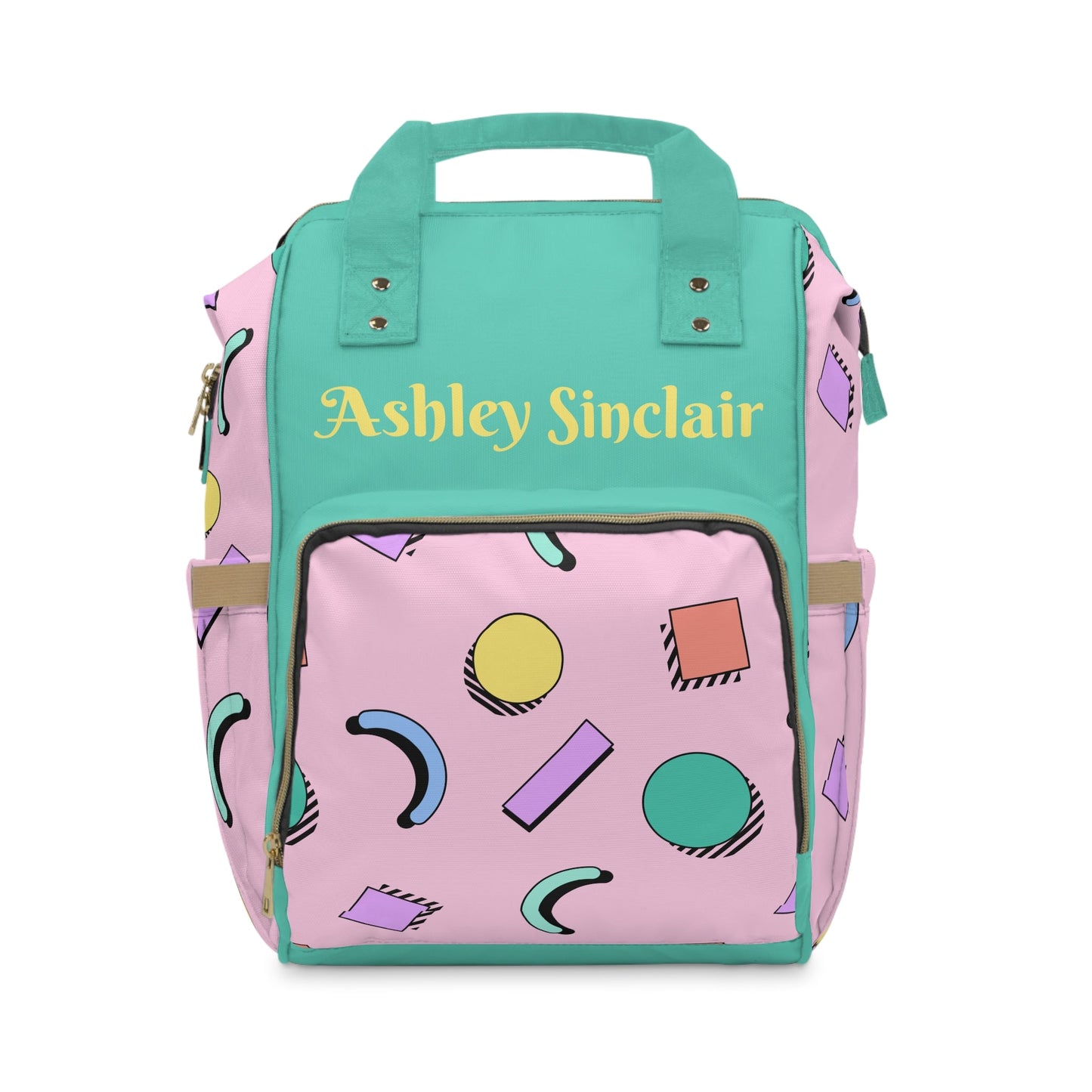 Personalized Pink 90s Inspired Shapes Print Pattern Multifunctional Diaper Backpack, Newborn Gift, Baby Shower Gift, Retro Backpack