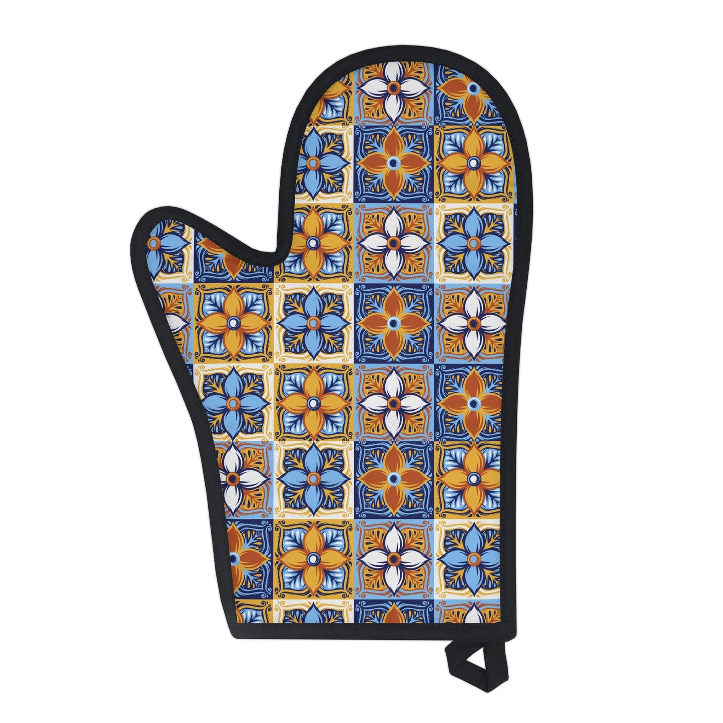 Retro Italian Tile Oven Glove, Mosaic Patchwork Blue and Yellow Oven Mit