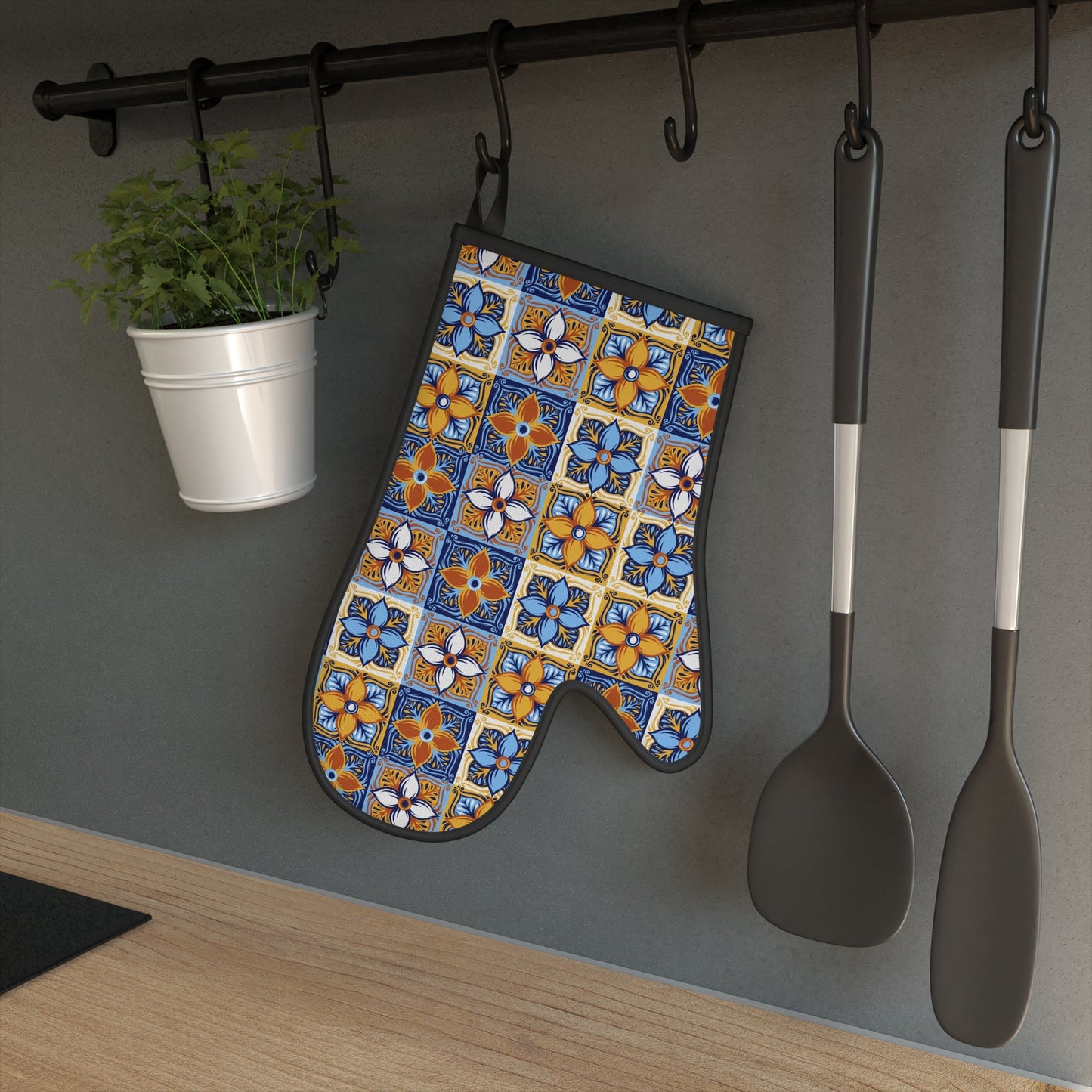 Retro Italian Tile Oven Glove, Mosaic Patchwork Blue and Yellow Oven Mit