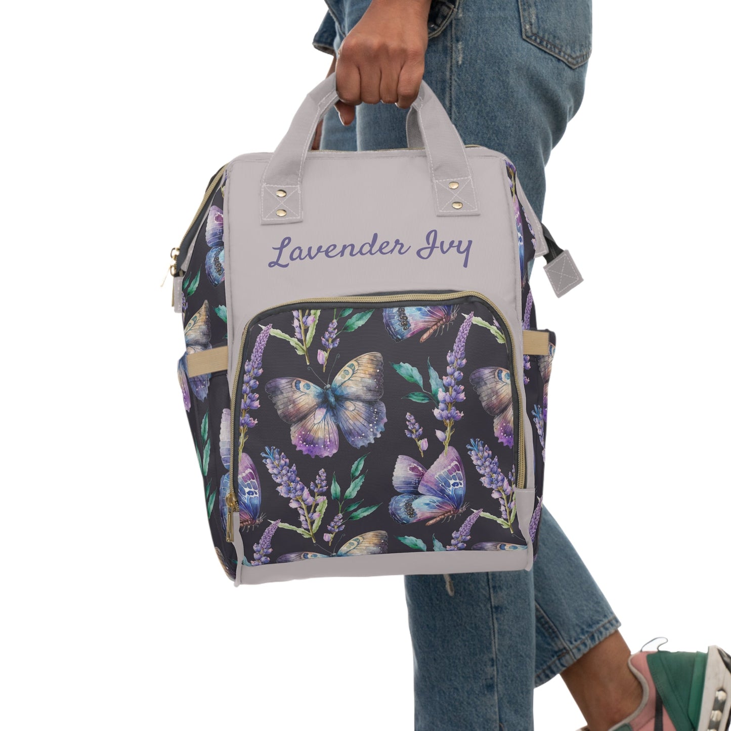 Personalized Lavender Butterfly Girls Multifunctional Diaper Backpack, Newborn Gift, Baby Shower Gift, Baby Diaper Bag Nappy Stroller Bag