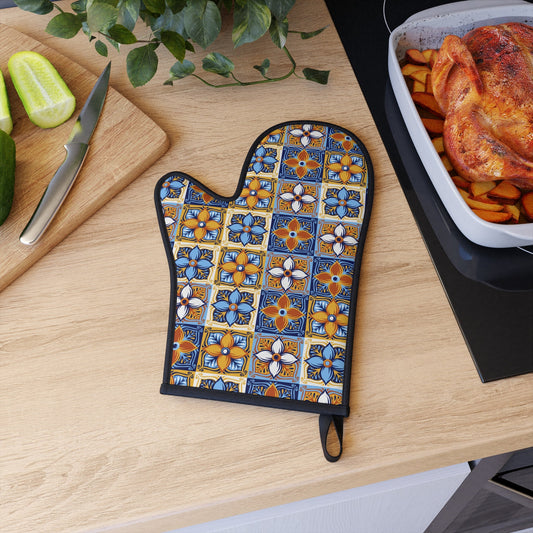 Retro Italian Tile Oven Glove, Mosaic Patchwork Blue and Yellow Oven Mit