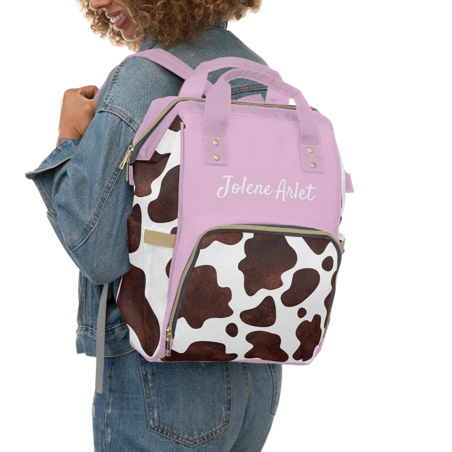 Personalized Pink Girls Cow Print Multifunctional Diaper Backpack, Newborn Gift, Baby Shower Gift, Baby Diaper Bag Nappy Stroller Bag