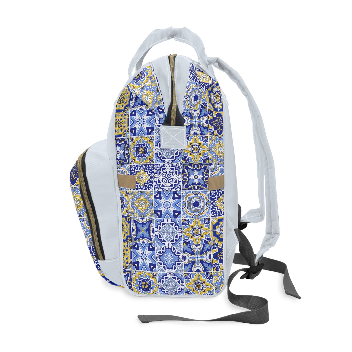 Personalized Blue Moroccan Tile Pattern Multifunctional Diaper Backpack, Newborn Gift, Baby Shower Gift, Patchwork Backpack