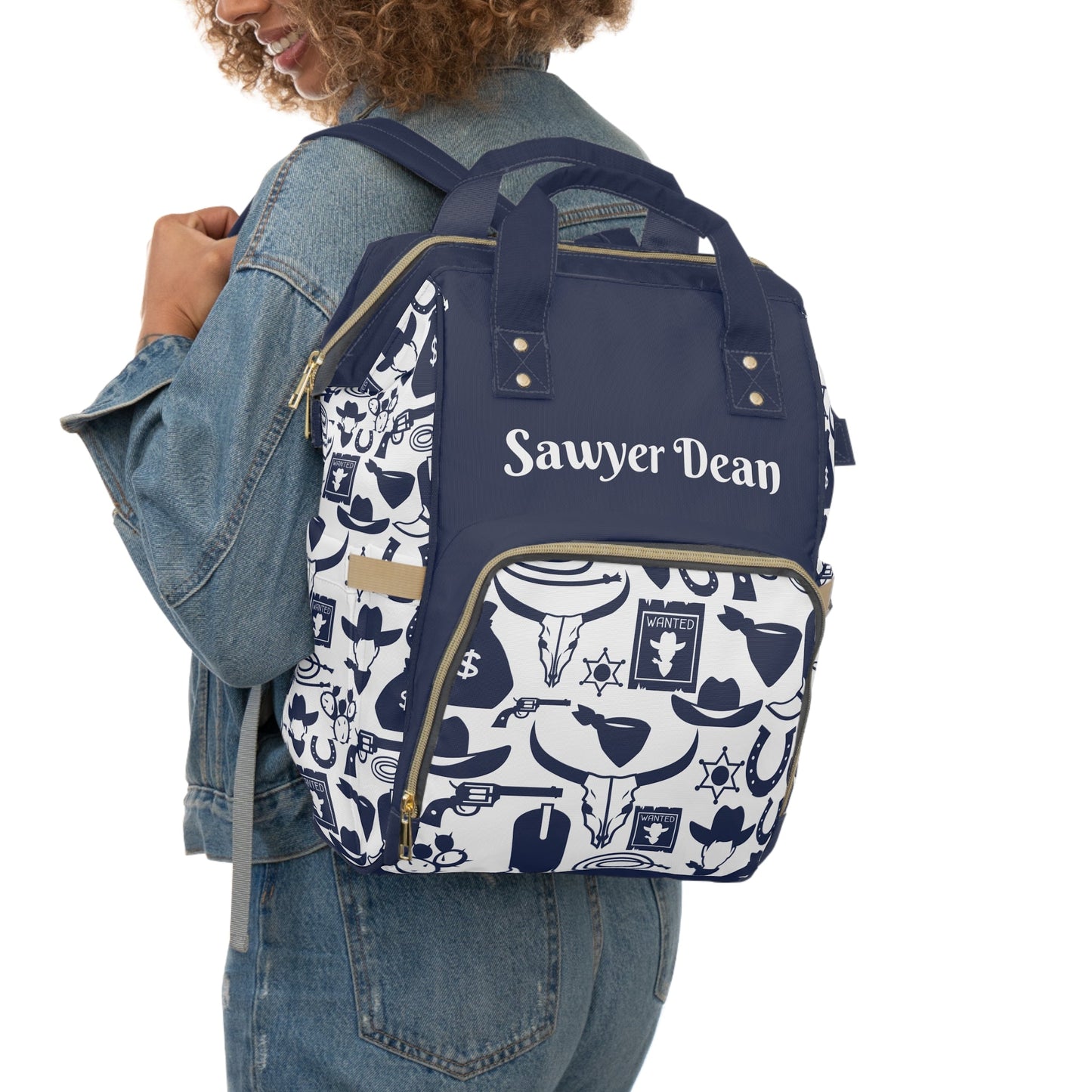 Personalized Navy Cowboy Pattern Multifunctional Diaper Backpack, Newborn Gift, Baby Shower Gift, Cowboy Backpack