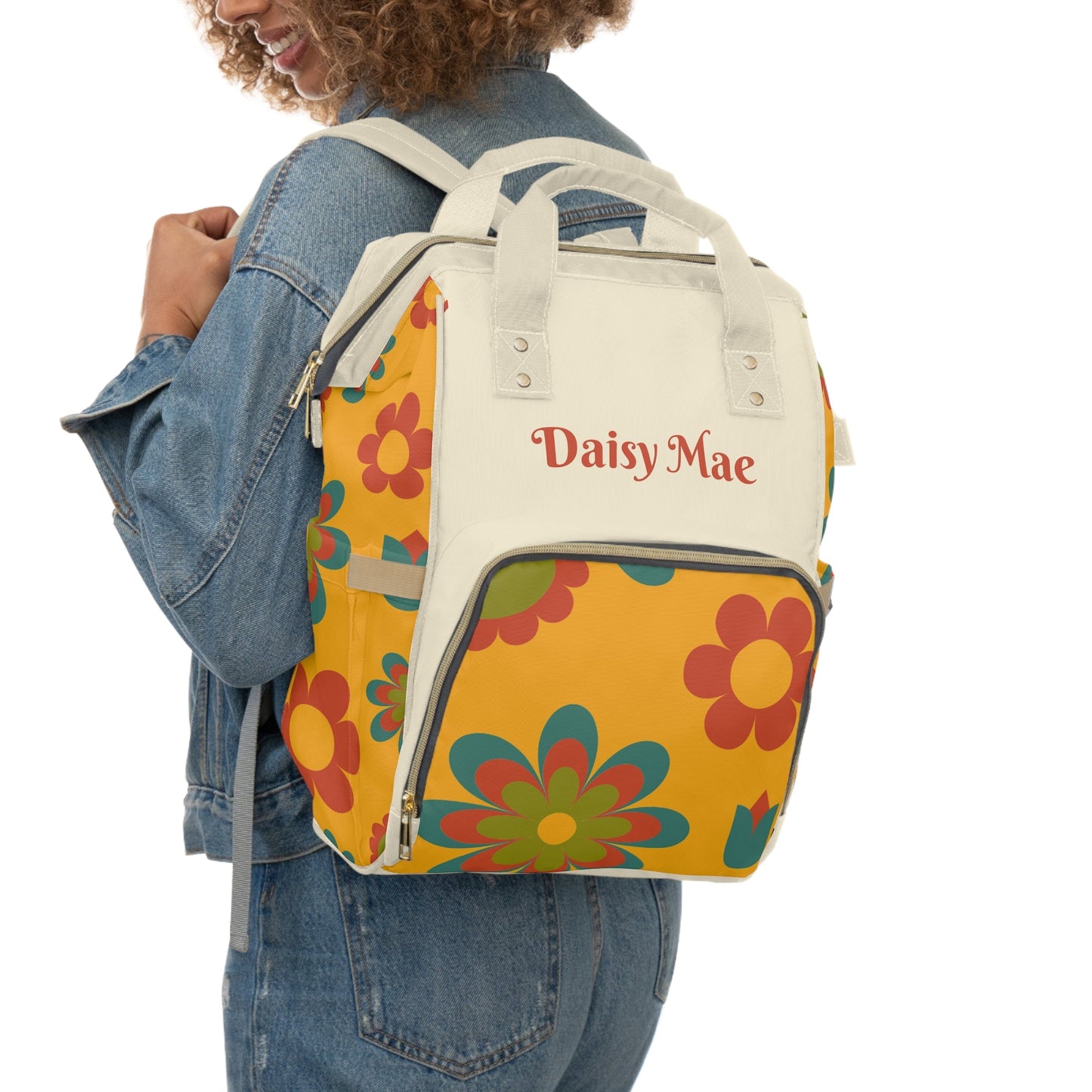 Personalized 70s Inspired Flower Power Print Pattern Multifunctional Diaper Backpack, Newborn Gift, Baby Shower Gift, Retro Backpack