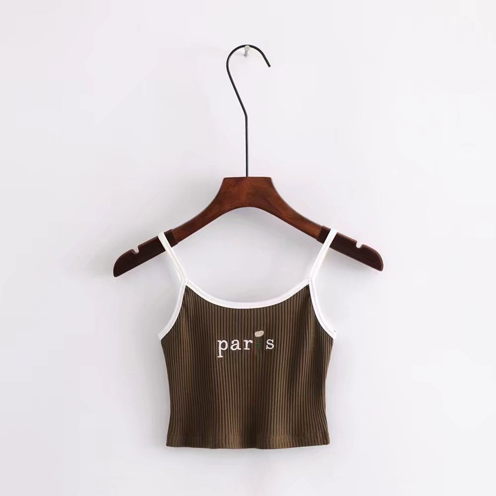 Paris Embroidered Cropped Tank Top Slim Fit