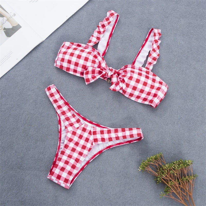 Plaid Bow Split Swimsuit Ladies Suit