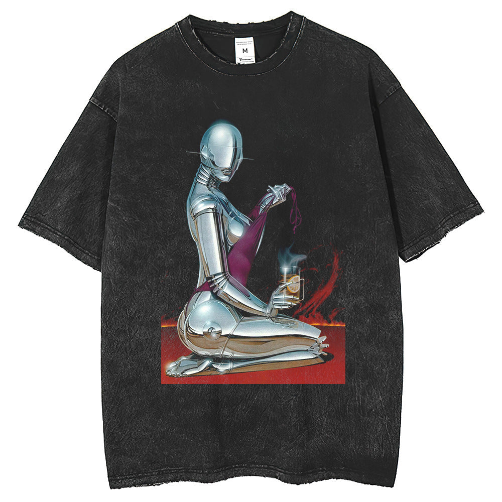 Robot Printed T-shirt American Washed Old Short Sleeve